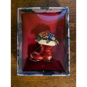 Stocking Brooch Enamel Crystal Boot Gold tone Holiday Christmas Vintage 1.5"